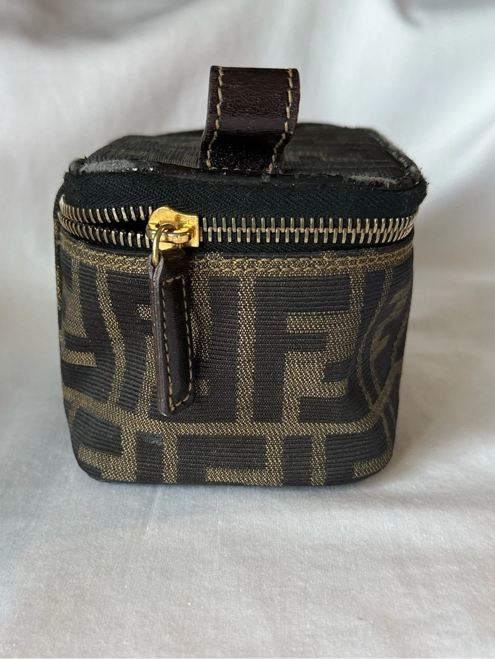 Fendi Zucca Train Case Vanity Pouch Brown Canvas Leather Mini - Picture 4 of 9